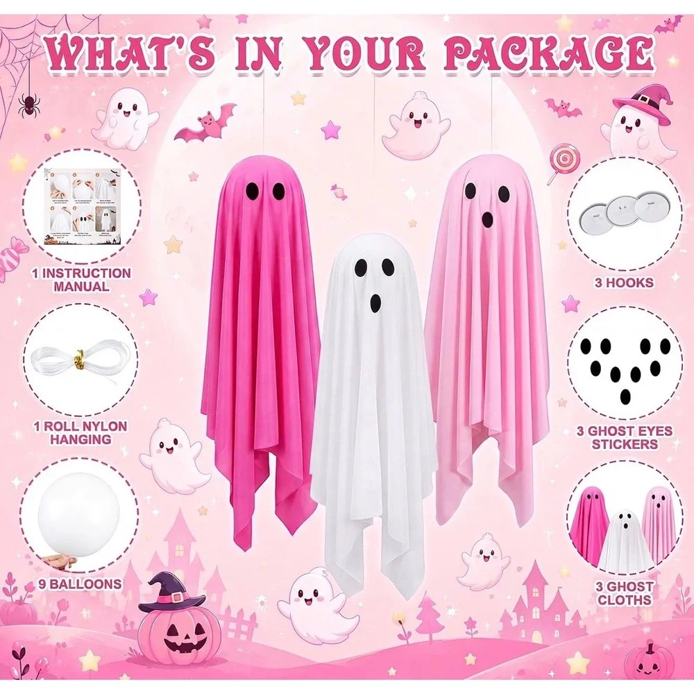 NWT 3 Pc Pink Halloween Hanging Ghost Decorations Outdoor Porch 30